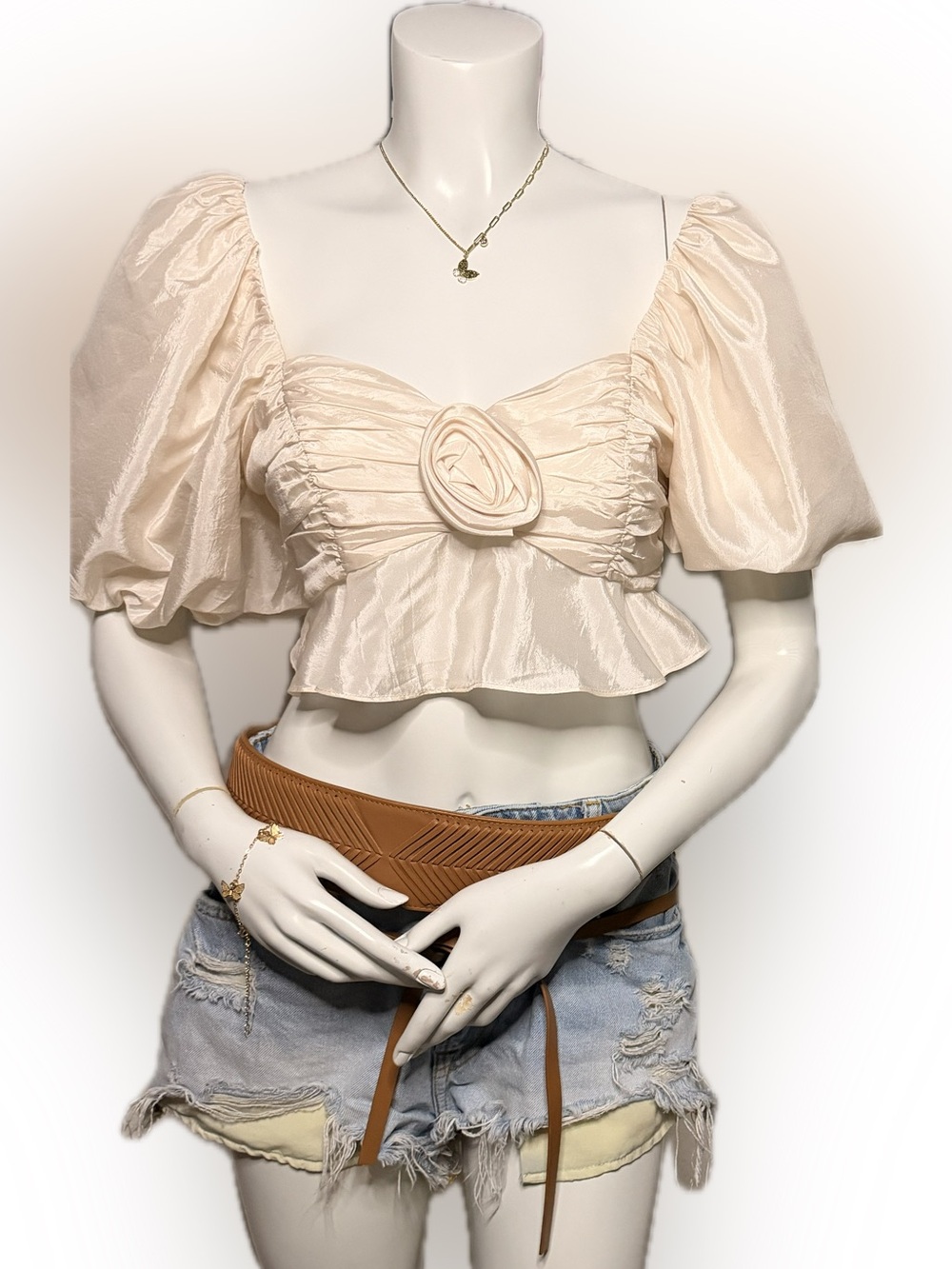 Storia Cream Ruched Rosette Puff Sleeve Crop Top